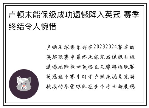 卢顿未能保级成功遗憾降入英冠 赛季终结令人惋惜